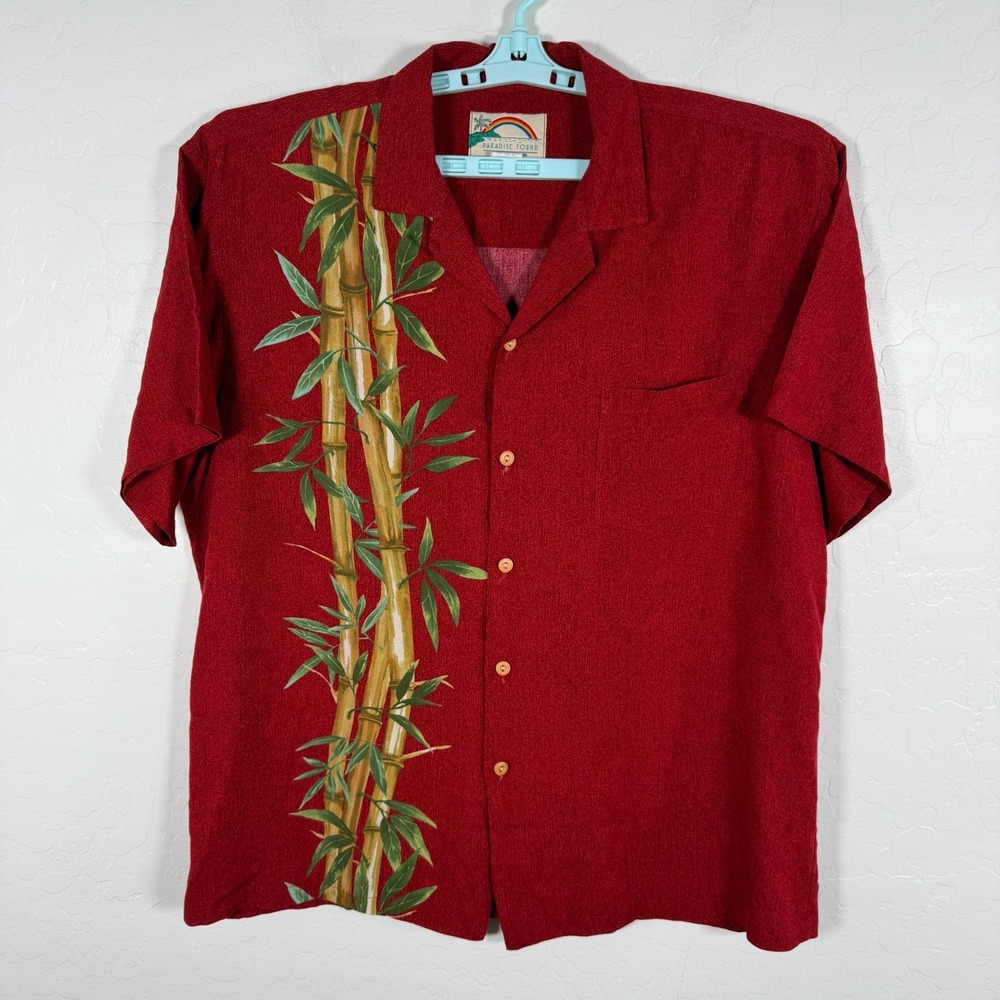 Paradise Found Shirt‎ Mens Large Red Hawaiian Camp Rayon Floral Bamboo Pocket
